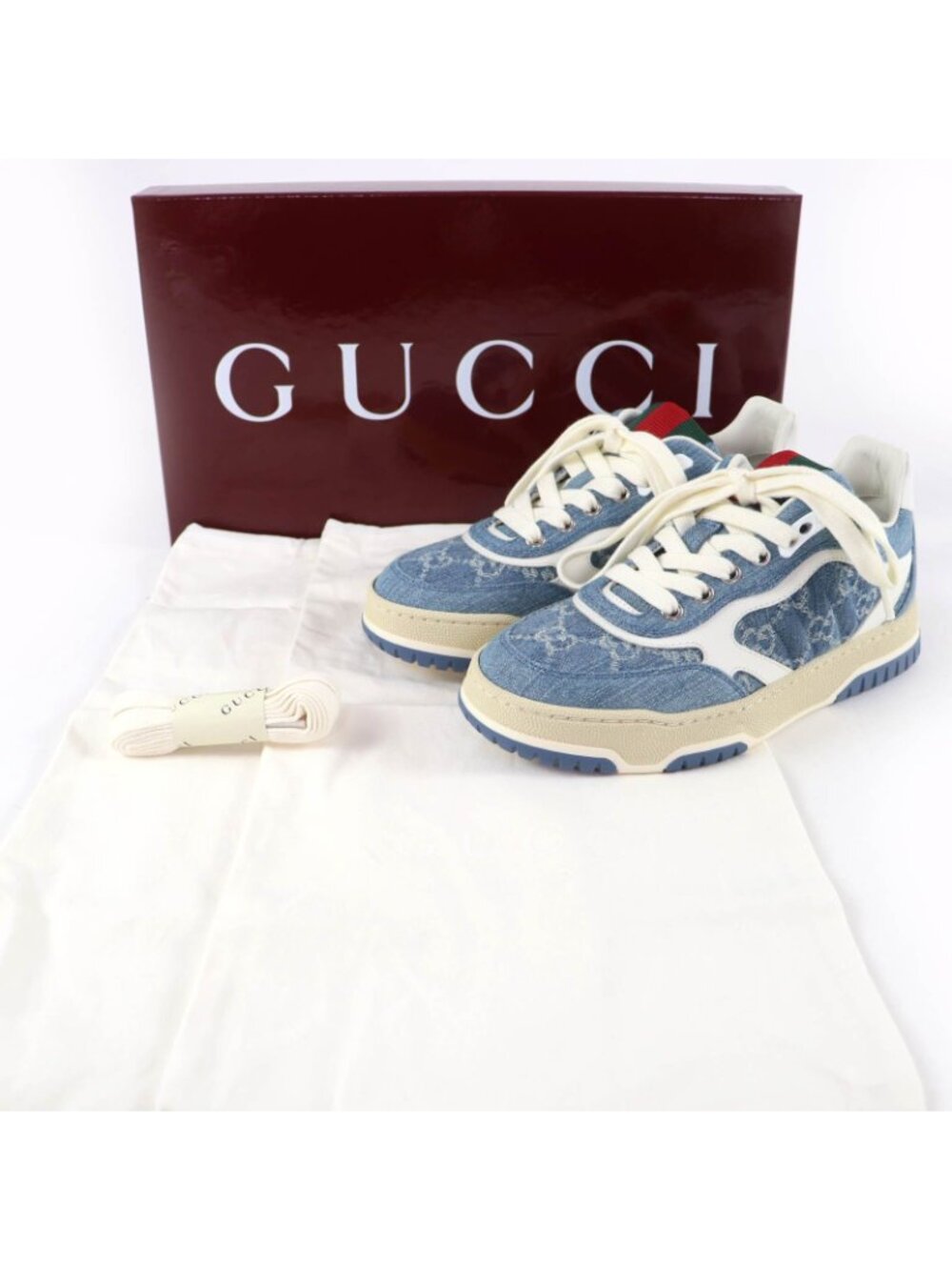Gucci Reweb Leather GG Denim Low Cut Sneakers Indigo Blue White - Picture 2 of 10